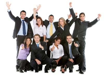Business team with arms and thumbs up isolated over a white background