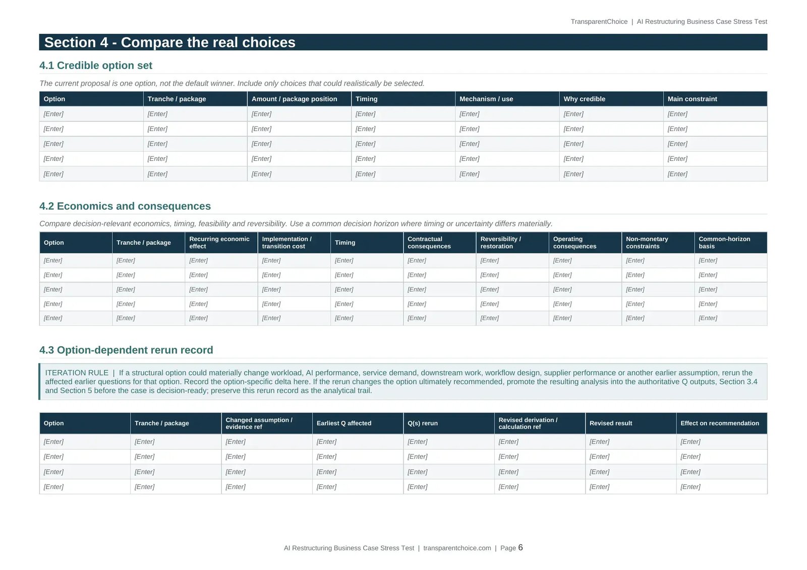 Preview of the Word Detailed Decision Analysis showing Section 4, Compare the real choices