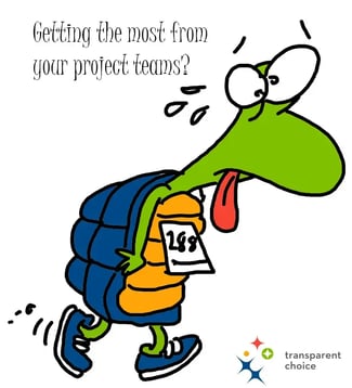 Cartoon turtle struggling to run under heavy load, representing overworked project teams and the impact of pushing too hard on project flow.