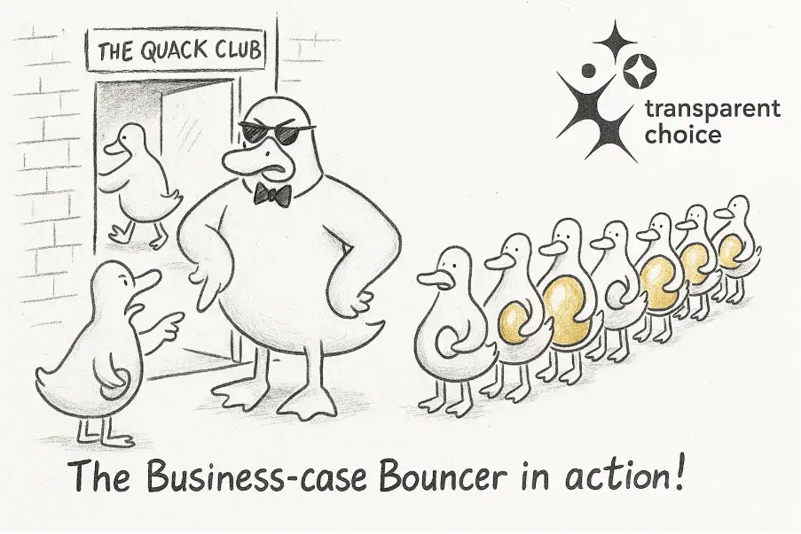 Cartoon of a duck bouncer guarding The Quack Club, letting in only ducks with golden eggs — illustrating the business-case bouncer concept by TransparentChoice.