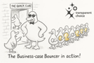 Cartoon of a duck bouncer guarding The Quack Club, letting in only ducks with golden eggs — illustrating the business-case bouncer concept by TransparentChoice.