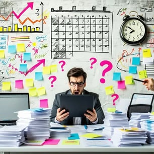 Overwhelmed professional surrounded by project plans, schedules, and conflicting priorities