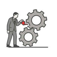 Flat illustration of a professional oiling large interlocking gears, symbolising resources working smoothly and accelerated delivery.