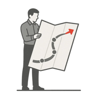 Flat illustration of a professional holding an open map with a path and milestones leading to a forward arrow, symbolising PMO growth and continuous evolution.