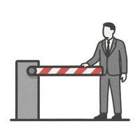 Flat illustration of a professional standing by a checkpoint barrier, symbolising structured intake and control of what enters the portfolio.