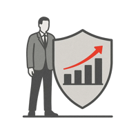 Flat illustration of a professional beside a shield with a rising bar chart, symbolising governance focused on outcomes and proof of value delivered.