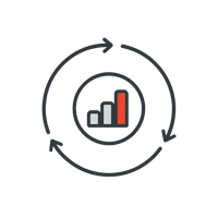 Minimal flat illustration of a circular arrow loop around a chart, symbolizing feedback and continuous improvement.