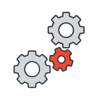 Minimal flat illustration with interconnected grey and red gears, symbolizing coordinated execution and teamwork.