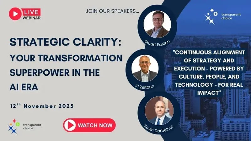 Webinar thumbnail for Strategic Clarity: Your Transformation Superpower in the AI Era featuring speakers Stuart Easton, Al Zeitoun, and Kevin Darbelnet.
