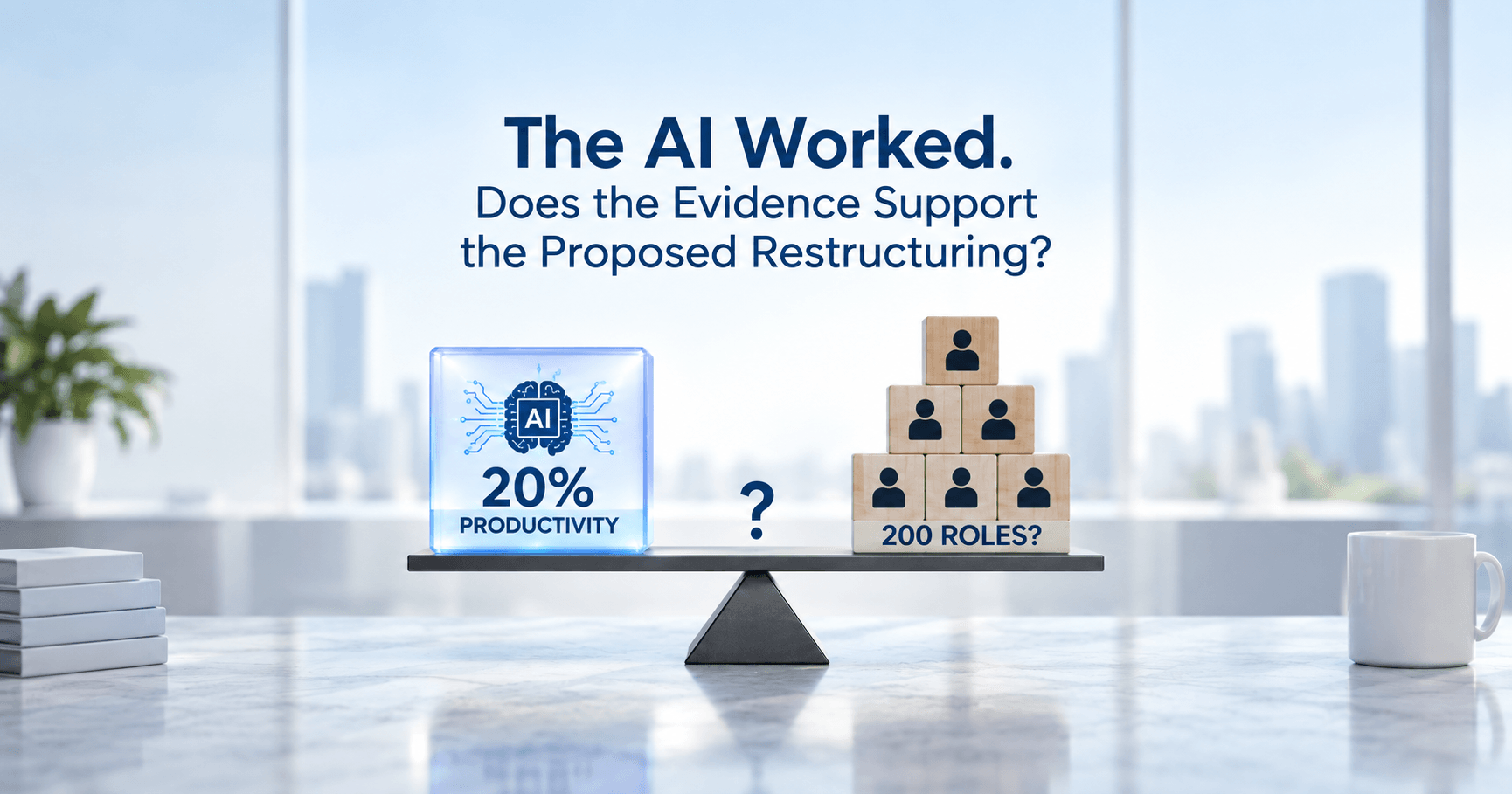 Balance scale comparing a 20% AI productivity gain with a proposed reduction of 200 roles.